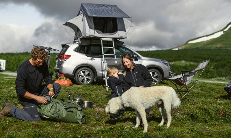 A family sit beneath one of the Thule car top tents playing in the grass with their dog.
