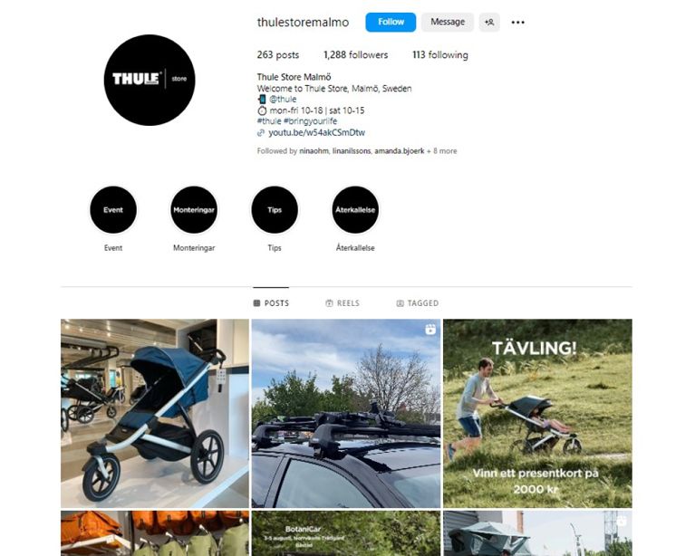 Skärmbild av ett officiellt Thule Store-konto på Instagram med en svart Thule-logotyp och Store skrivet bredvid.