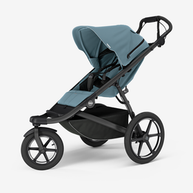 A jogging stroller that is blue with a gray background. 