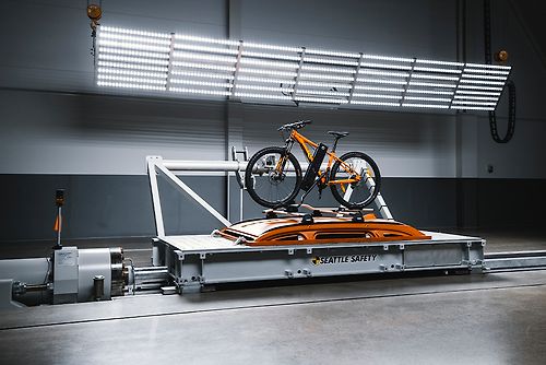A bike rack is being tested in the Thule test center crash test.