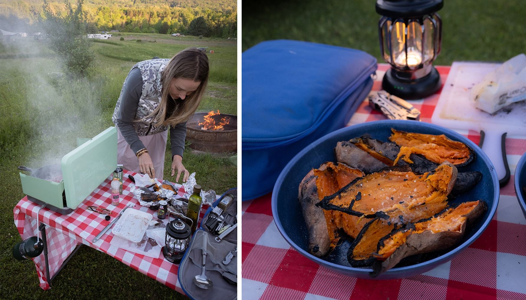 Two-panel photo: at left, a woman prepares food at a camp table with a stove and supplies, a fire pit and green valley behind her; at right, a close-up of fire-roasted sweet potatoes split open in a blue bowl beside a glowing lantern.