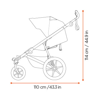 Thule diagram of the unfolded stroller, side view: 110 cm long, 114 cm high.
