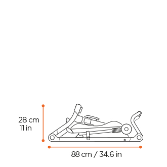 Thule diagram of the folded stroller, side view: 88 cm long, 28 cm high.