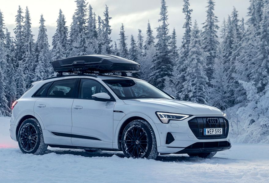 A vehicle is parked in the snow next to a snowy forest with a Thule Vector roof box.