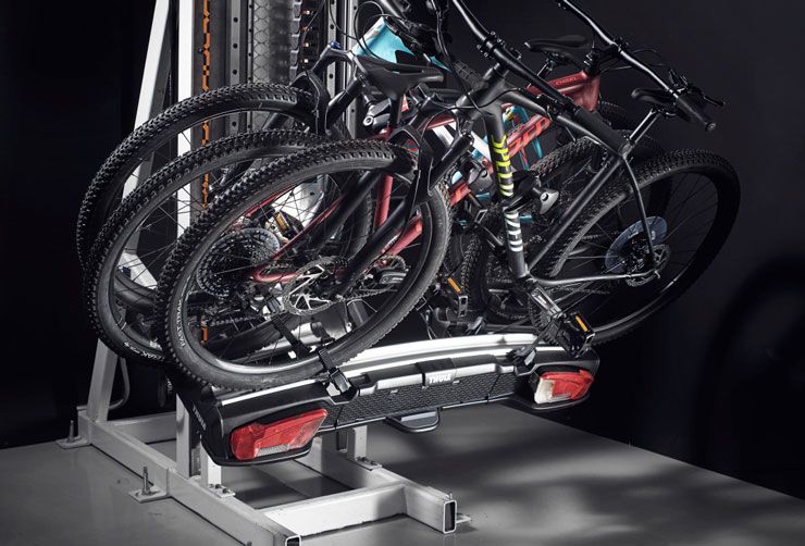 A hitch mount bike rack is being tested in the Thule Test Center.