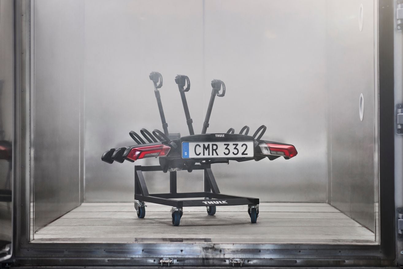 Thule bike carrier in weather simulation chamber