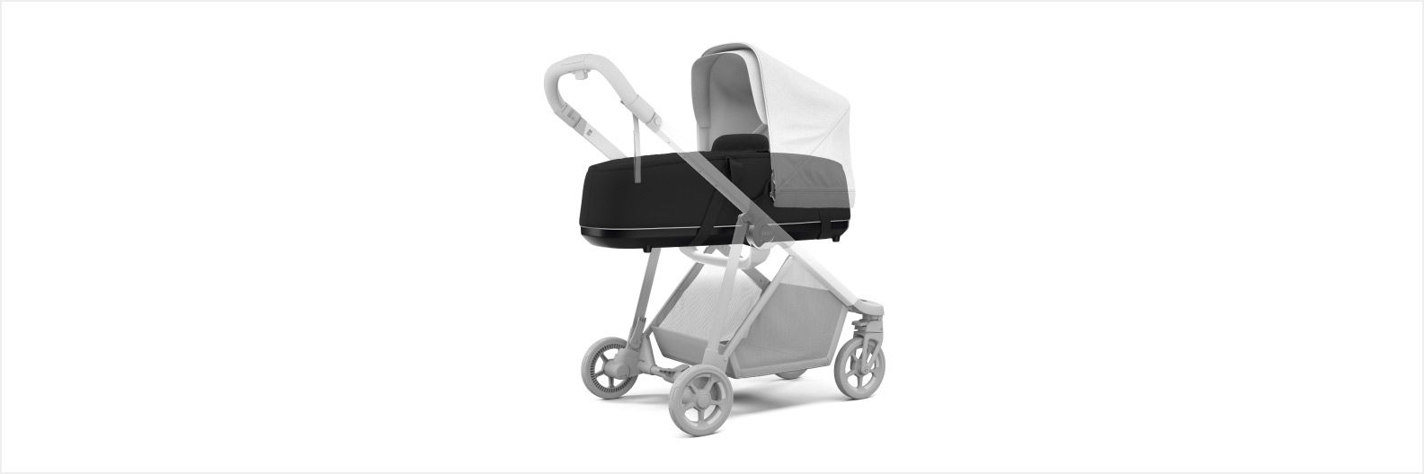 A 3D image of the Thule Shine bassinet stroller with a white background.