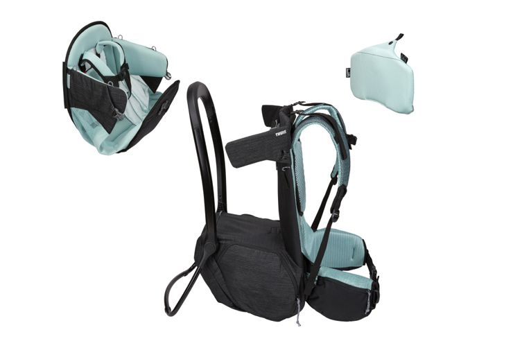 Different parts of the Thule Sapling baby hiking backpack including the child seat and drool pad.