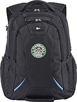 A black backpack with a embroidered logo