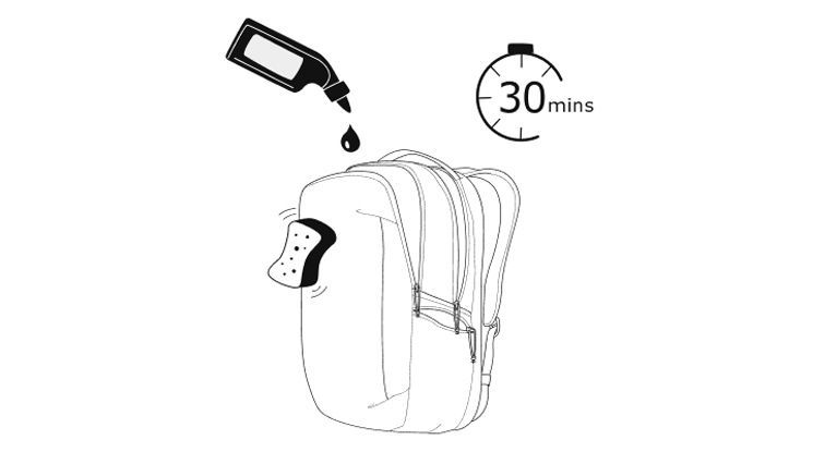 An illustration of a bag being treated with stain-remover, a sponge rubbing the backpack.