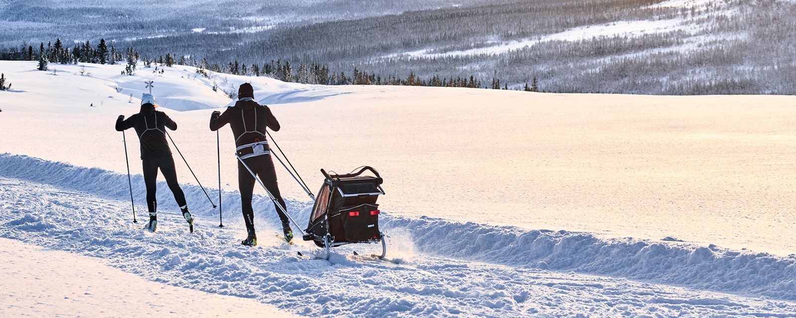 A couple go cross-country skiing with a black Thule Chariot Sport and a bike trailer skiing kit. 