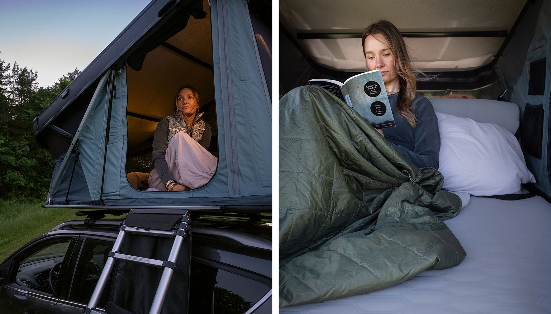 Two-panel photo: at left, a woman sits in the open doorway of a rooftop tent on an SUV at twilight, ladder extended below; at right, a woman reads a book in bed inside the tent, tucked under a green quilt.