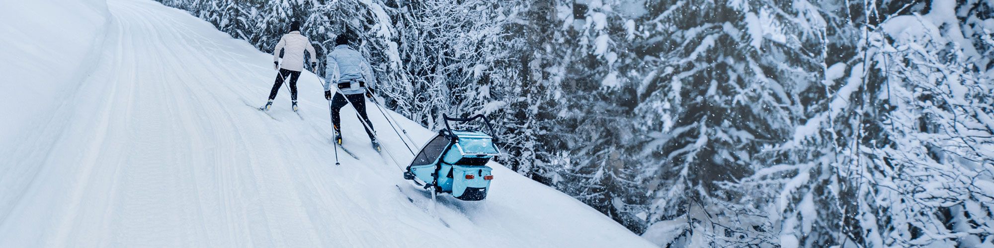 Two cross-country skiers ski up a hill with the multisport trailer Thule Chariot Cross.
