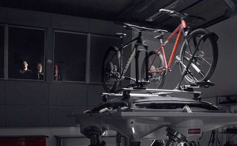 At the Thule Test Center a bike rack is going through rigorous testing.