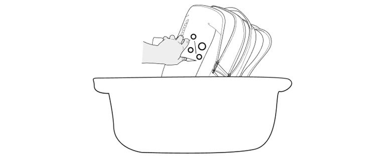 An illustration of how to wash a backpack in a tub with a sponge.