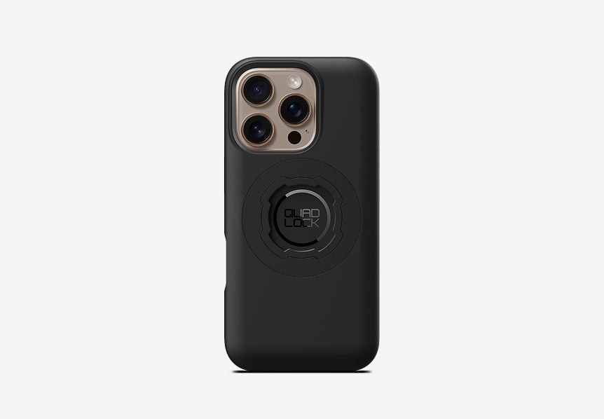 Close up of a QuadLock phone case against a gray background.