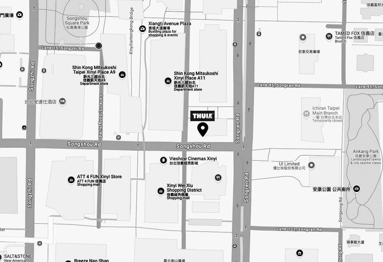 A map of Taipei where Thule store is marked with a logo and a pin.