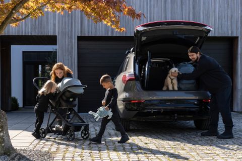 トランクのそばに立っている男性が犬の顔を掴み、ベビーカーに装着されたThule Maple車載用チャイルドシートの横に停車した車のそばに女性と子供2人が立っています。