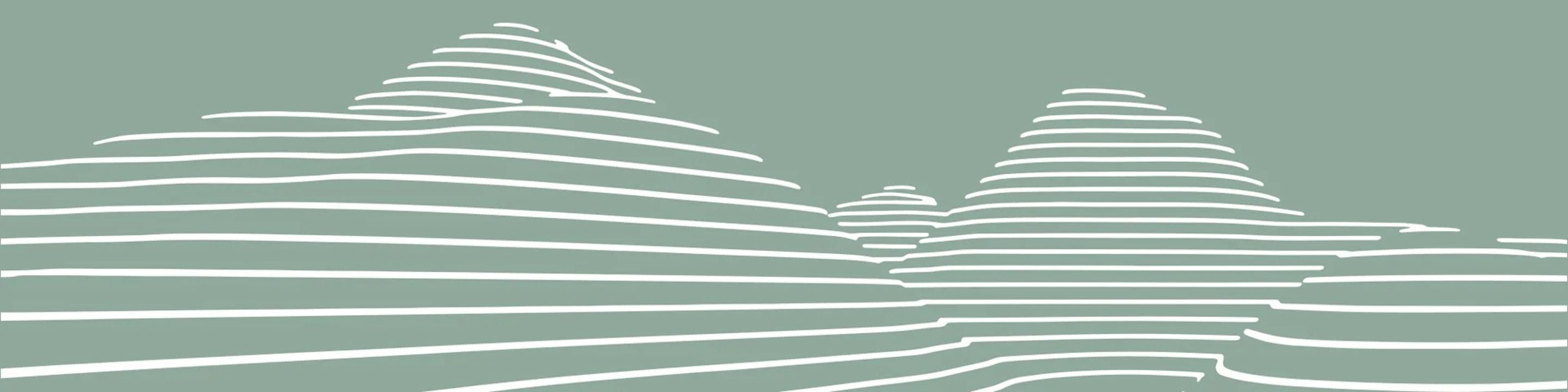 Minimalistische Illustration stilisierter, geschichteter Bergformen in Weiß auf einem gedämpften grünen Hintergrund.