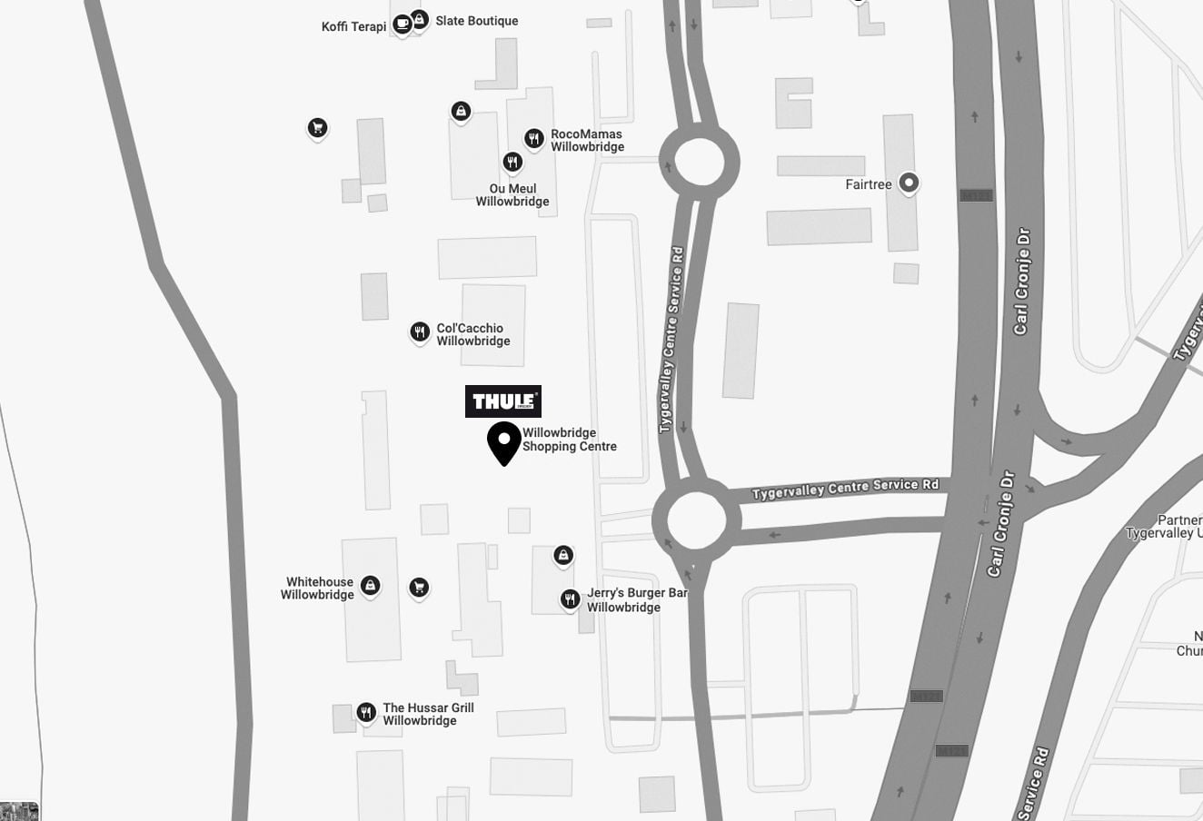 A map of Cape Town where Thule store is marked with a logo and a pin.