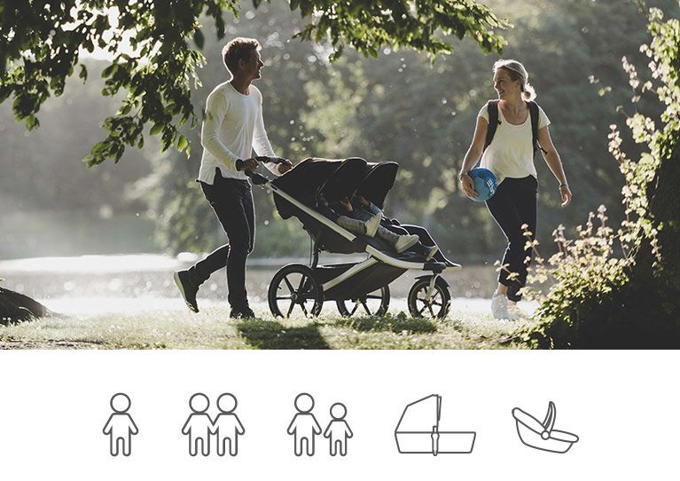 A couple walk through a sunny park with one of the Thule strollers.