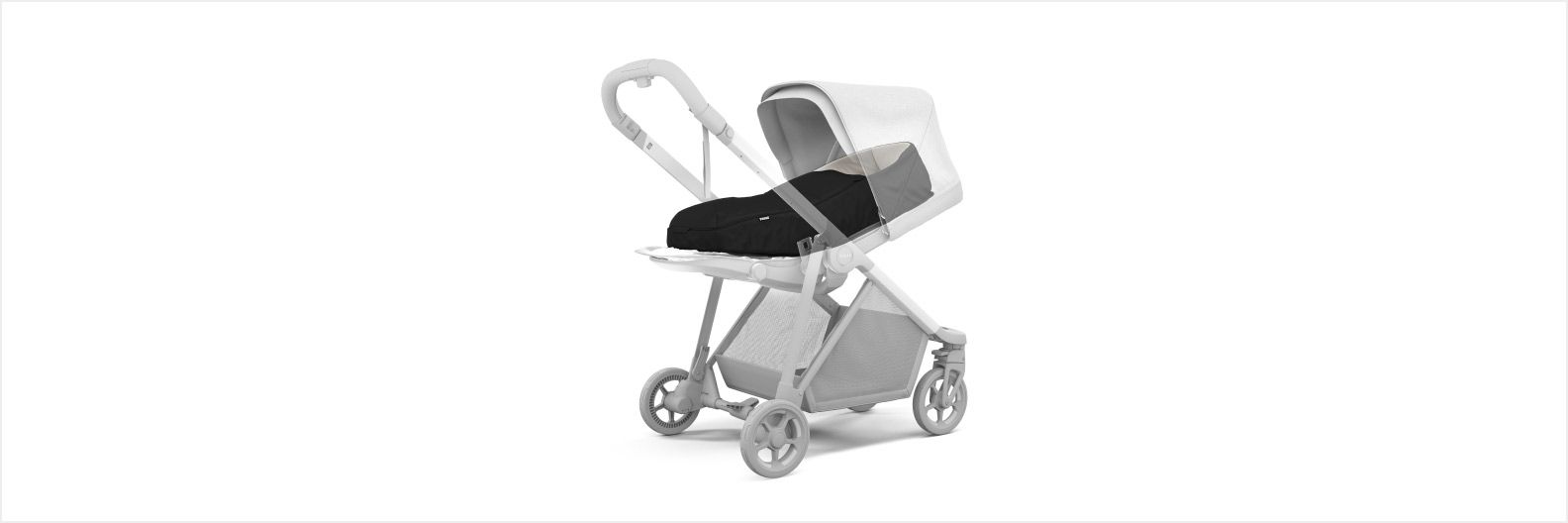 On a white background, there is a 3D rendition of the Thule Shine newborn stroller with a newborn nest.