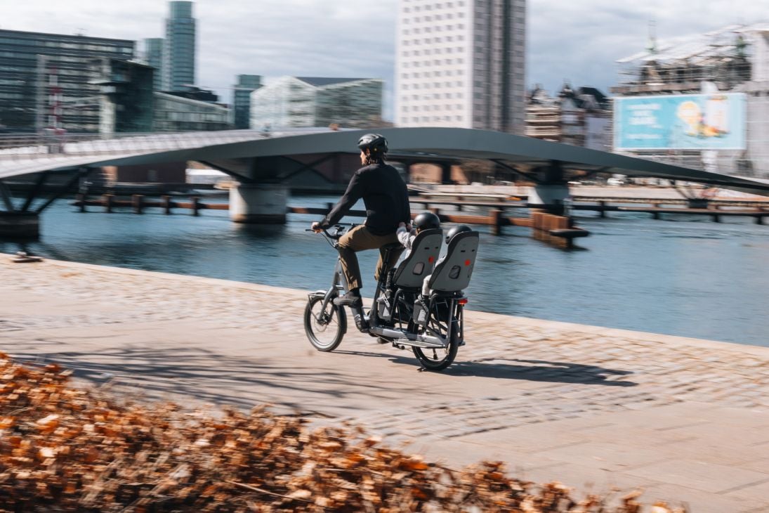 Person riding a cargo bike with two Thule Yepp Nexxt 2 maxi child bike seats along a waterfront path, with a bridge and city buildings in the background.