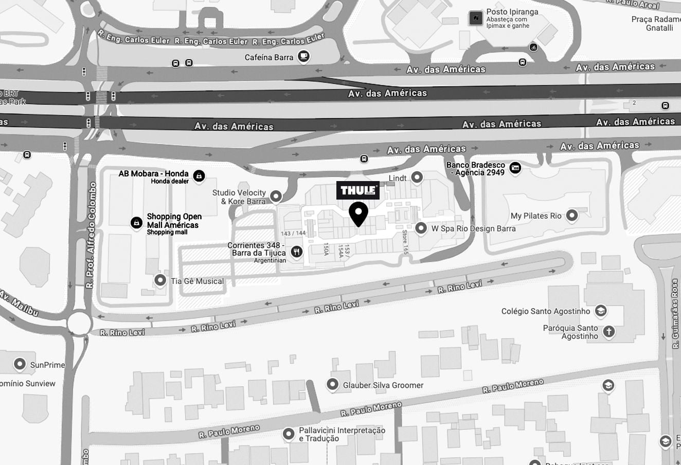 A map of Rio de Janeiro where Thule store is marked with a logo and a pin.