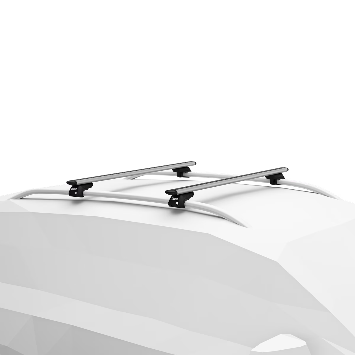 Una barra de techo Thule montada en un vehículo blanco, mostrada desde una vista superior en ángulo.
