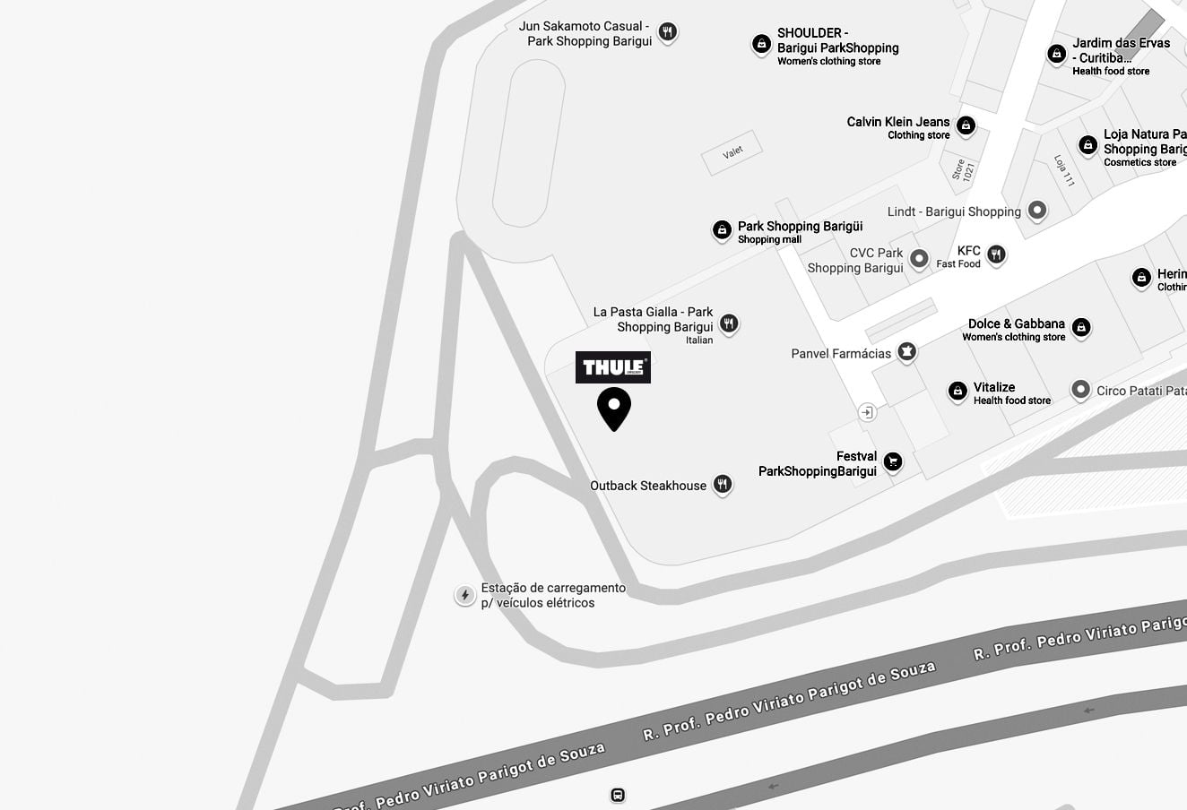 A map of Curitiba where Thule store is marked with a logo and a pin.