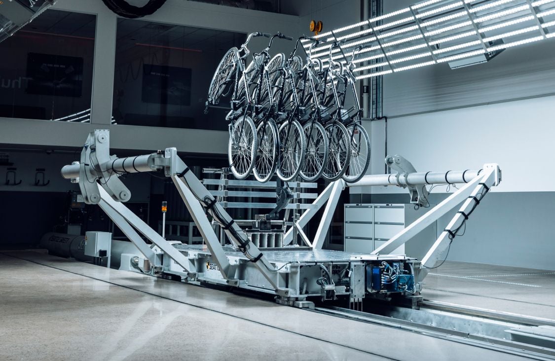Bike racks tested for durability and safety at the Thule Test Center.