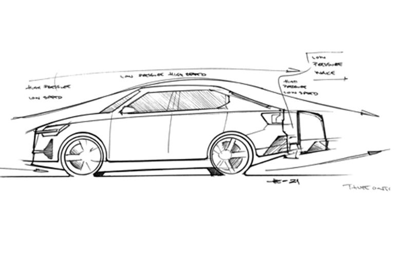 A sketch of the Thule Onto rear cargo carrier and the aerodynamic design.