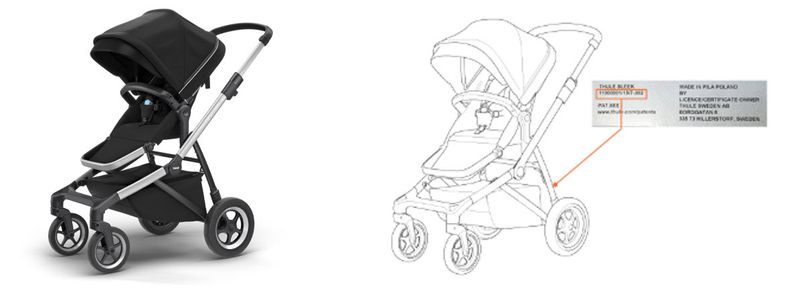 The stroller with a white background and an illustration of the stroller with an arrow showing the product label.