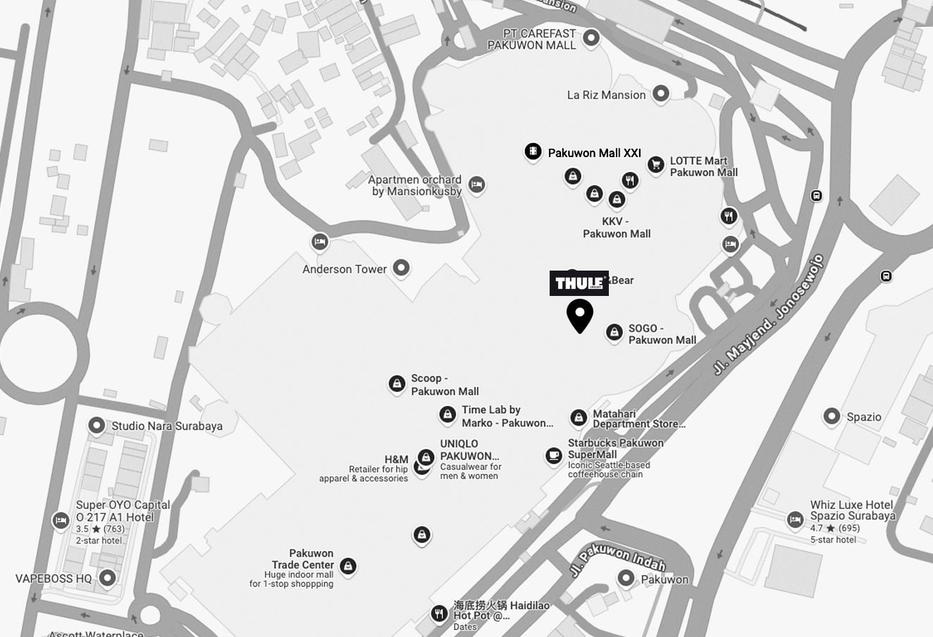 A map of Surabaya where Thule store is marked with a logo and a pin.