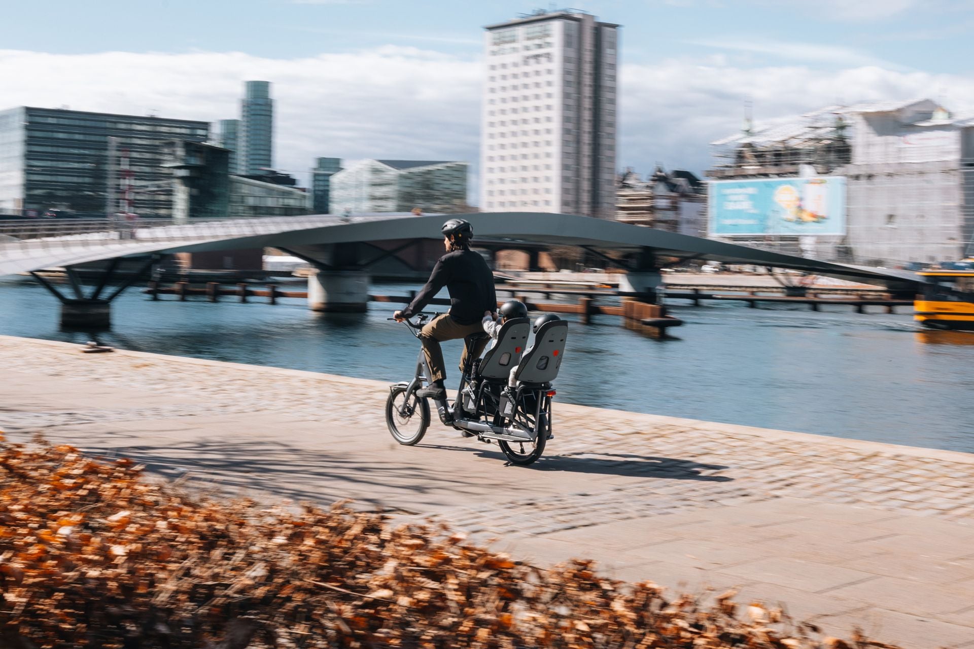 Person riding a bicycle with two rear-mounted Thule Yepp Nexxt 2 child seats along a waterfront path with buildings in the background.
